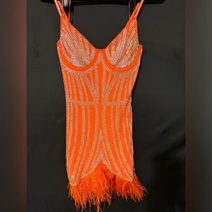 Bedazzled Dress with feathers orange small